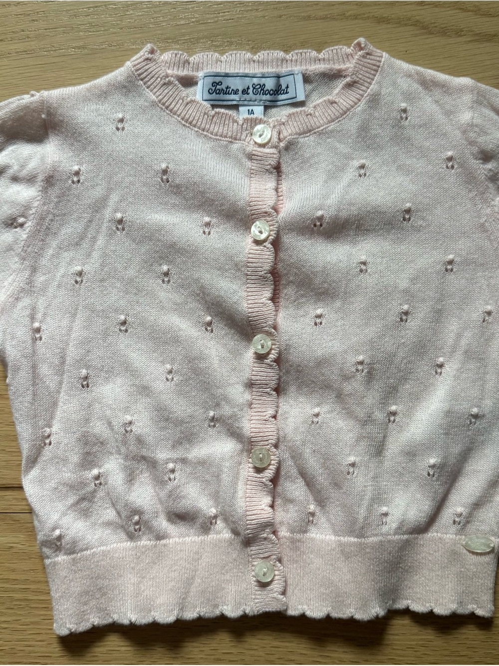 Tartine et Chocolat Light Pink Knit Cardigan with Scalloped Trim